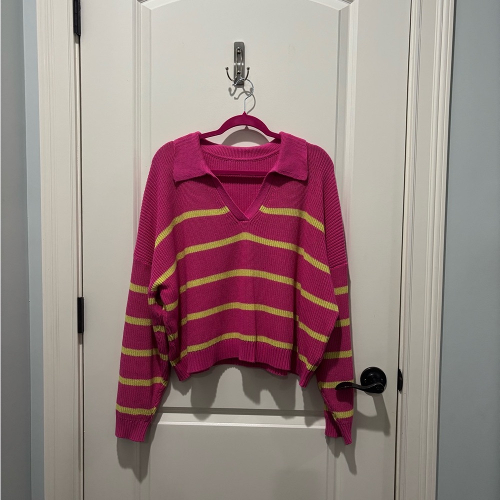 Pink Lily V-Neck Sweater in Pink and Yellow